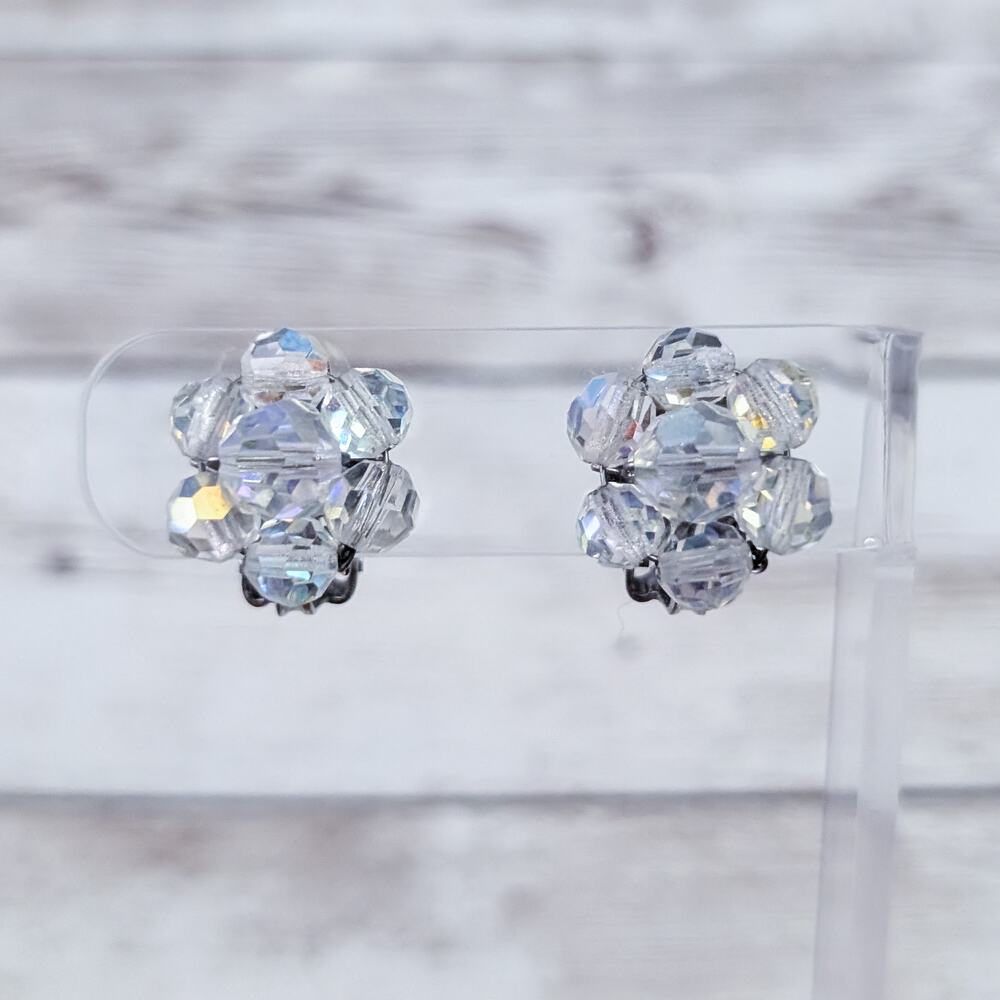 Vintage Clip On Earrings 5/8" Iridescent Cluster